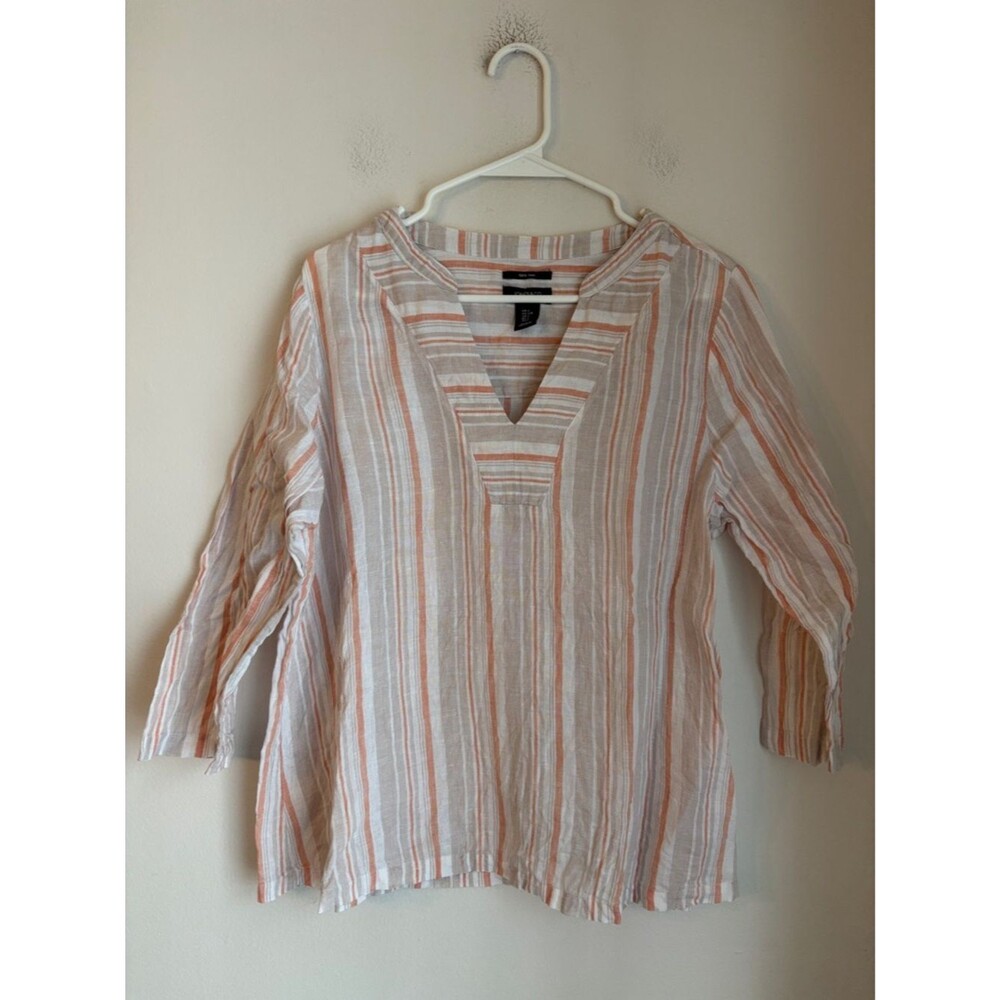 100% linen Striped White Tan Peach V-Neck Women's Tunic Top Women’s Large GUC